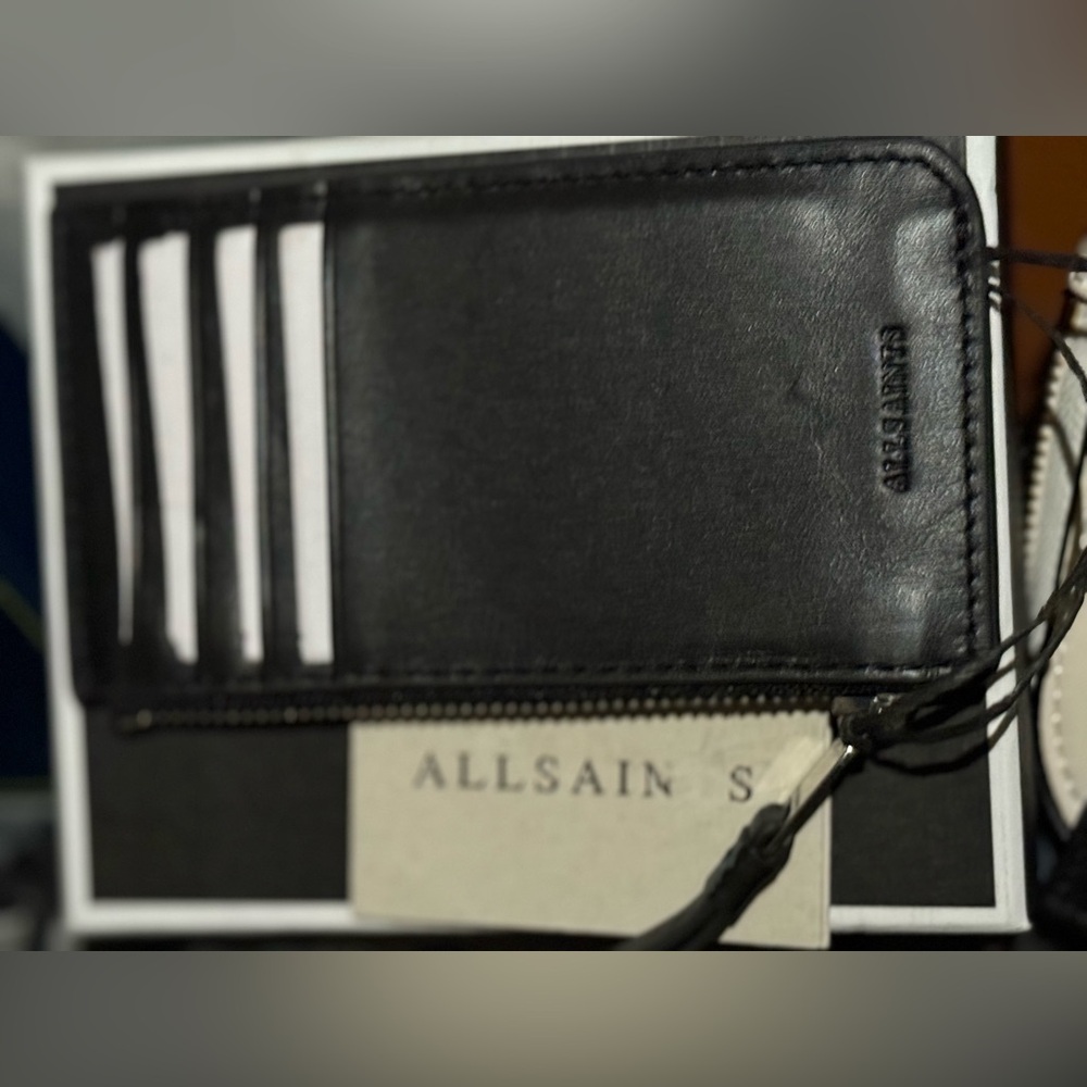 AllSaints Black Leather Zip Card Wallet